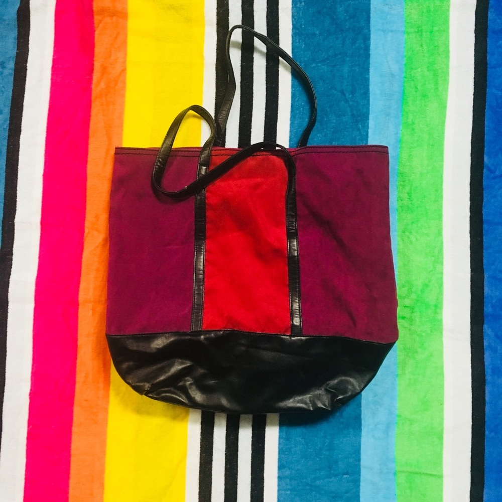 Purple and Red Tote with Faux Leather Accents